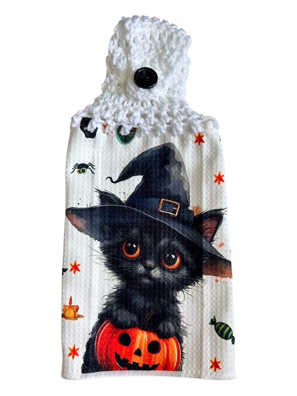 Hand Crafted Halloween Black & Orange Witch Kitten Hanging Kitchen Hand  Towel - Picture 4 of 8